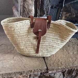 Elegant Cream Woven Tote with Brown Leather Accents